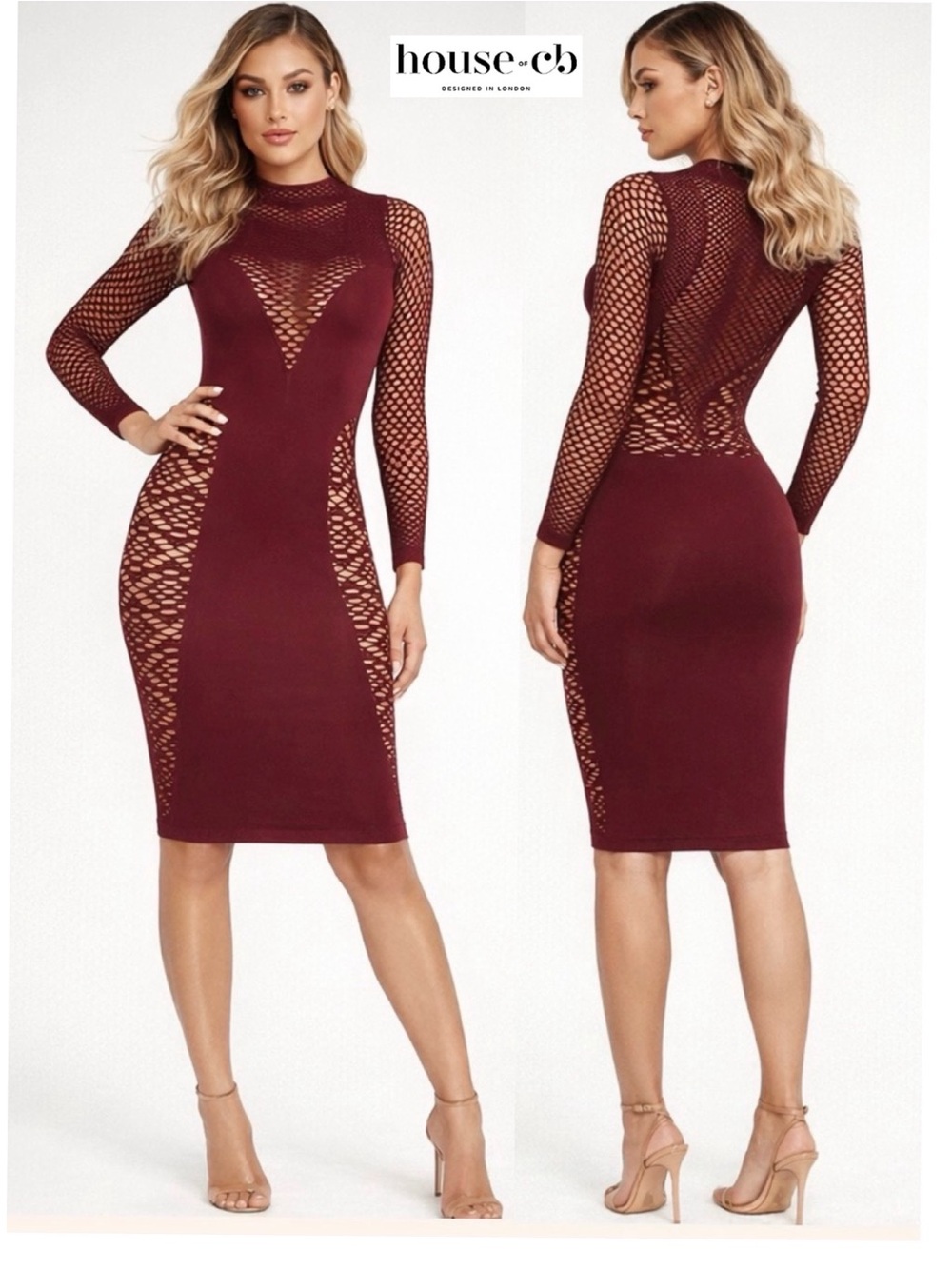 House of CB Silvy Open Knit Dress in Red Berry XS / S Long Sleeve Mesh Bodycon